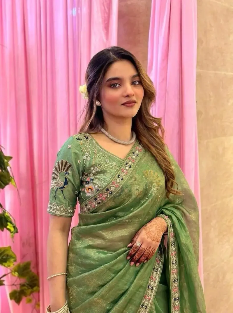 Pista Designer Fendy Satin Silk Saree with 3D Beads and Cutdana Embroidery front look close look