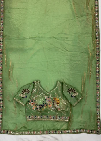 Pista Designer Fendy Satin Silk Saree with 3D Beads and Cutdana Embroidery front look live image