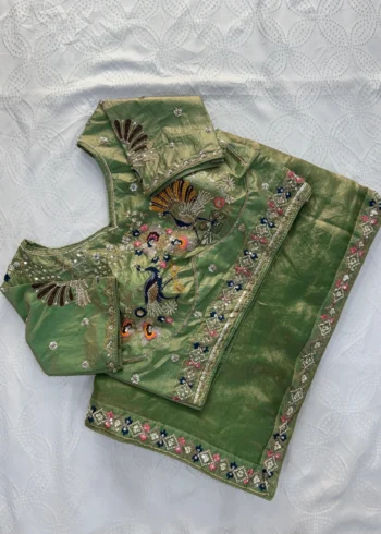 Pista Designer Fendy Satin Silk Saree with 3D Beads and Cutdana Embroidery front look blouse design