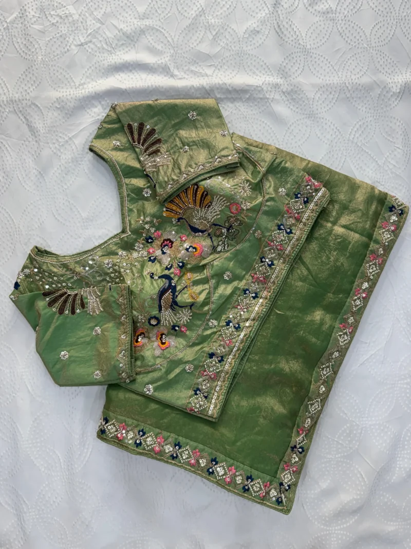 Pista Designer Fendy Satin Silk Saree with 3D Beads and Cutdana Embroidery front look blouse design