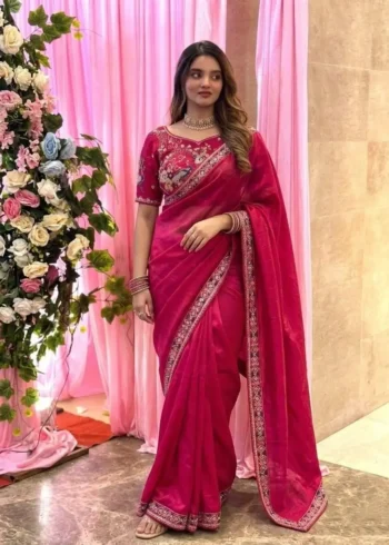 red Designer Fendy Satin Silk Saree with 3D Beads and Cutdana Embroidery front look