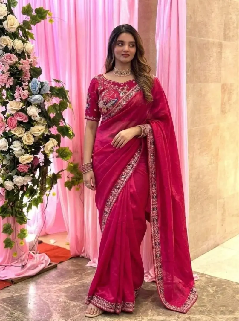 red Designer Fendy Satin Silk Saree with 3D Beads and Cutdana Embroidery front look