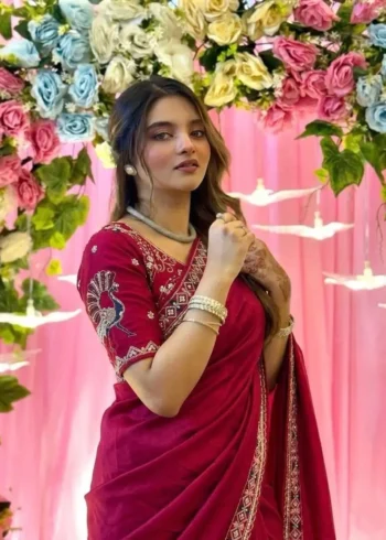 red Designer Fendy Satin Silk Saree with 3D Beads and Cutdana Embroidery front look close front