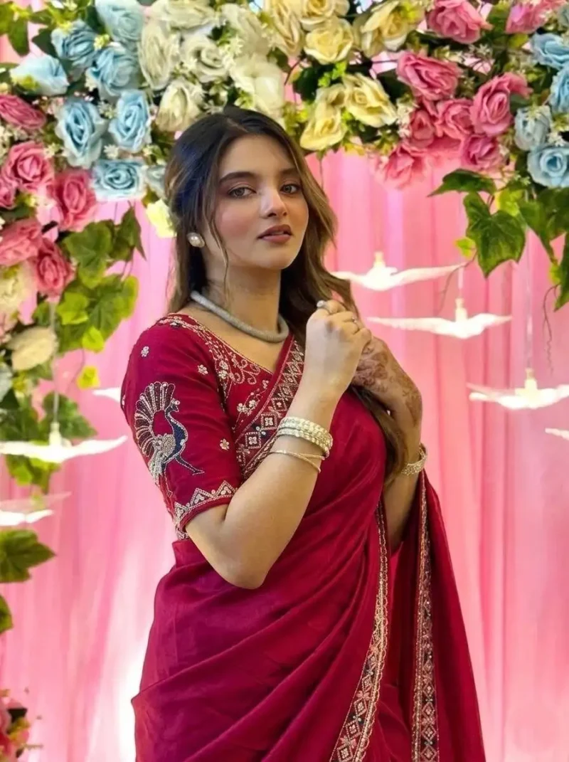 red Designer Fendy Satin Silk Saree with 3D Beads and Cutdana Embroidery front look close front