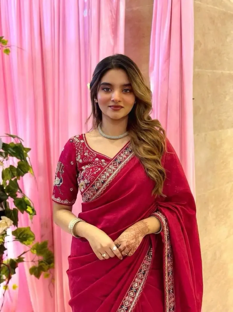 red Designer Fendy Satin Silk Saree with 3D Beads and Cutdana Embroidery close look