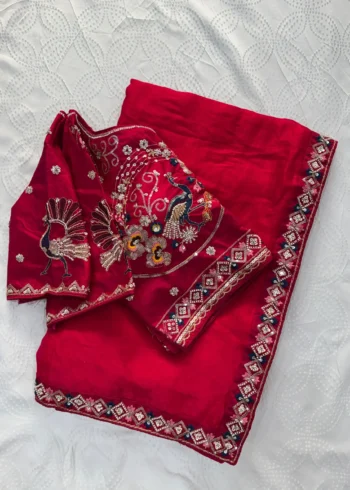 red Designer Fendy Satin Silk Saree with 3D Beads and Cutdana Embroidery open image