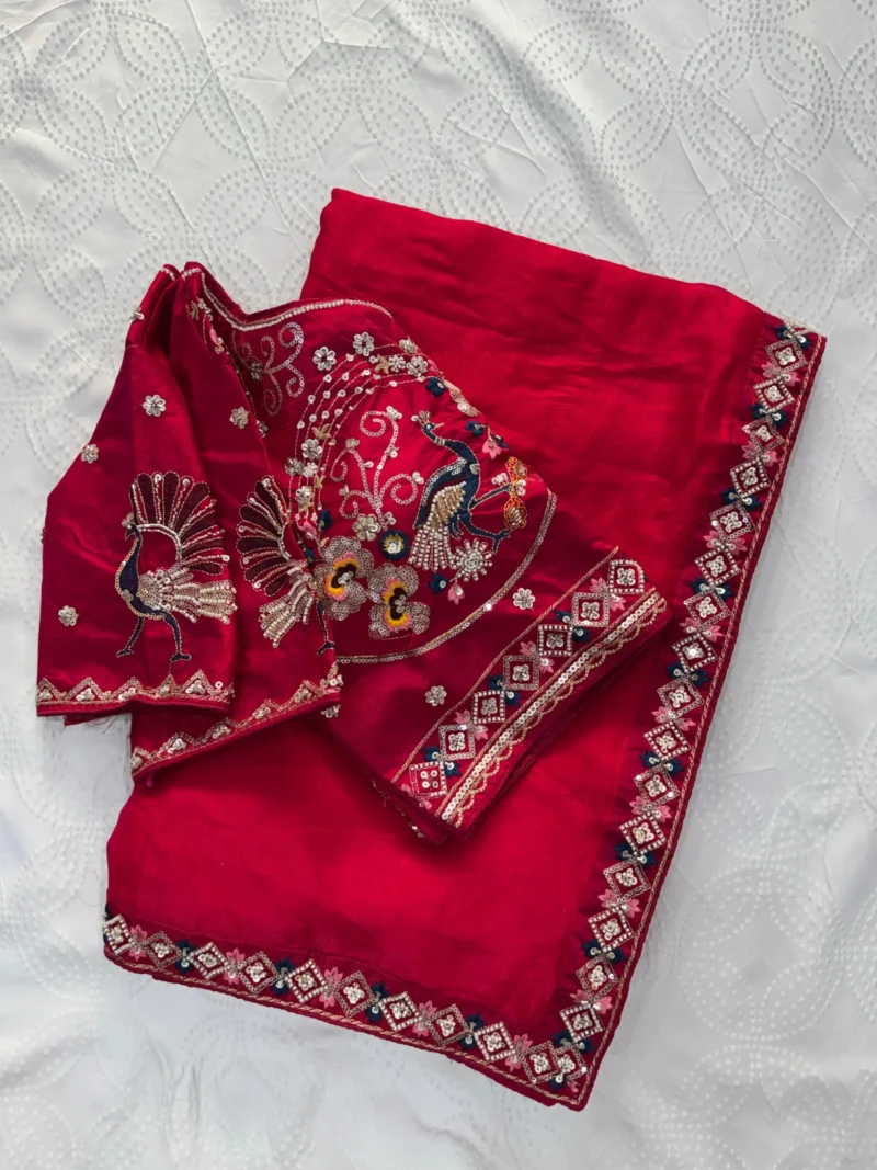 red Designer Fendy Satin Silk Saree with 3D Beads and Cutdana Embroidery open image