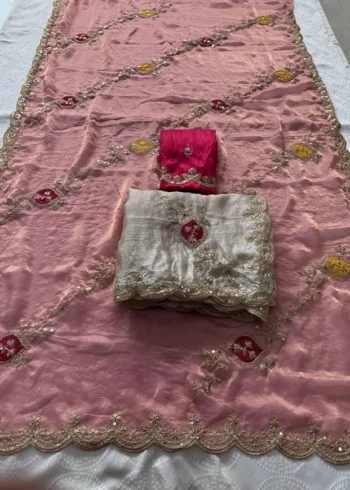 Peach Designer Fendy Satin Silk Wedding Saree open live image