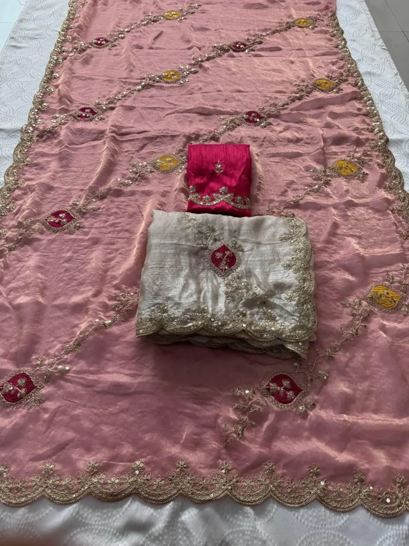 Peach Designer Fendy Satin Silk Wedding Saree open live image