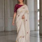 Off White Designer Fendy Satin Silk Wedding Saree front look