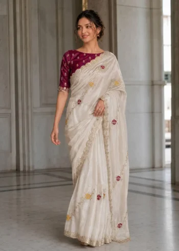 Off White Designer Fendy Satin Silk Wedding Saree front look