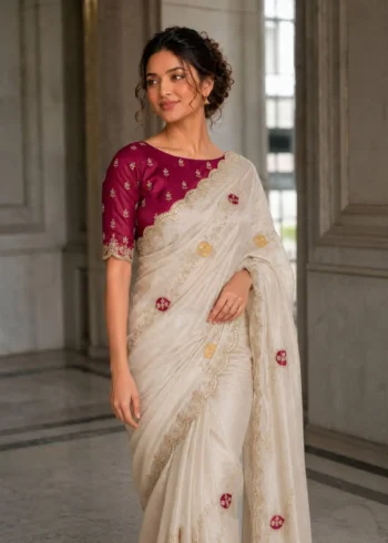 Off White Designer Fendy Satin Silk Wedding Saree front cloe