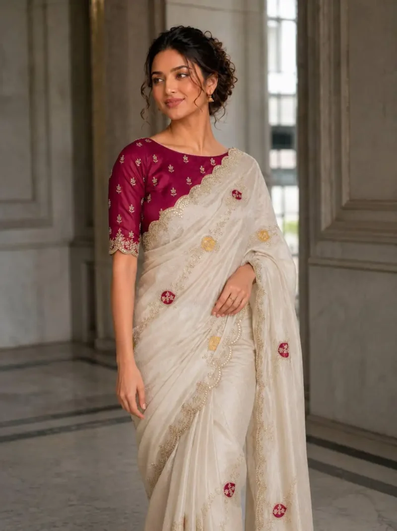 Off White Designer Fendy Satin Silk Wedding Saree front cloe