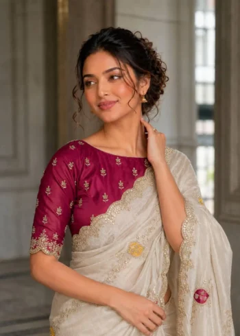 Off White Designer Fendy Satin Silk Wedding Saree close look