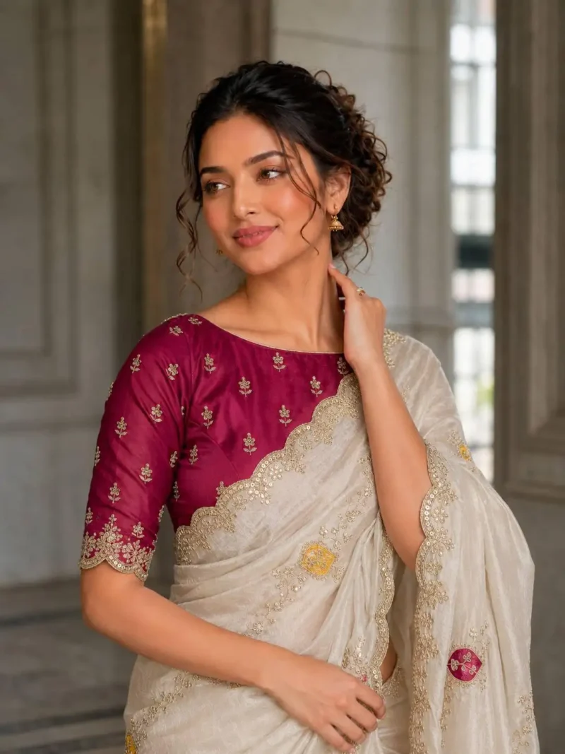 Off White Designer Fendy Satin Silk Wedding Saree close look