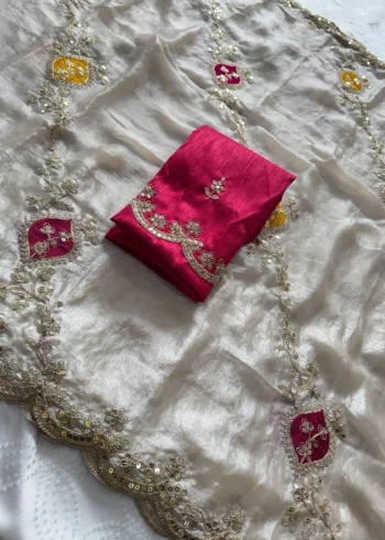 Off White Designer Fendy Satin Silk Wedding Saree live open