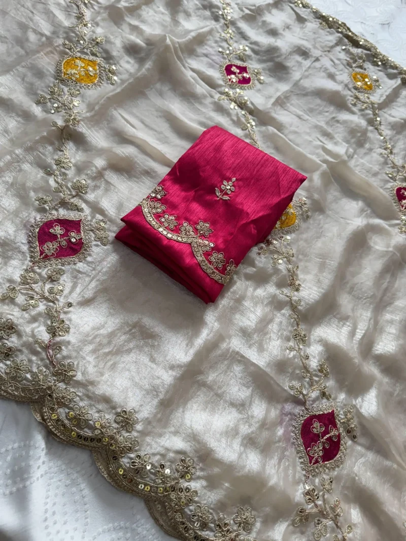 Off White Designer Fendy Satin Silk Wedding Saree live open
