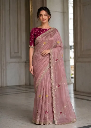 Peach Designer Fendy Satin Silk Wedding Saree full front look