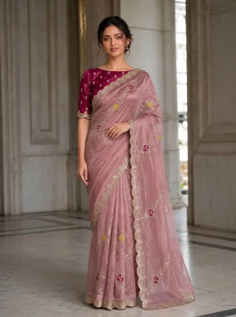 Peach Designer Fendy Satin Silk Wedding Saree full front look