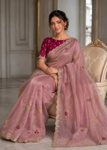 Peach Designer Fendy Satin Silk Wedding Saree full front
