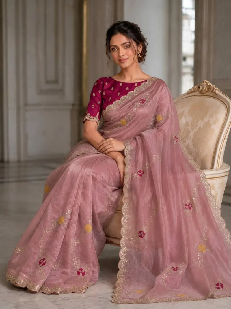 Peach Designer Fendy Satin Silk Wedding Saree full front