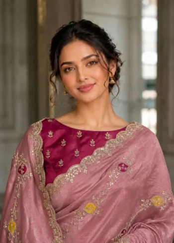 Peach Designer Fendy Satin Silk Wedding Saree close look