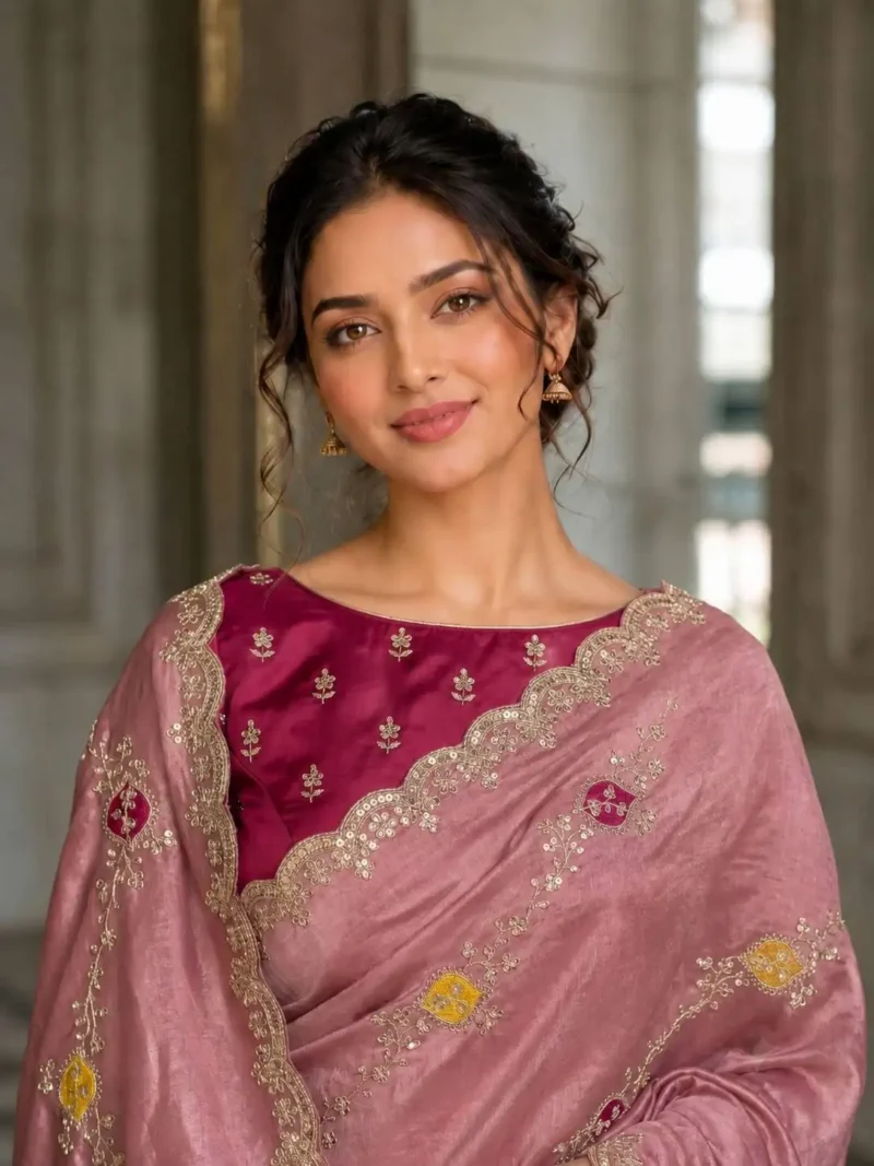 Peach Designer Fendy Satin Silk Wedding Saree close look