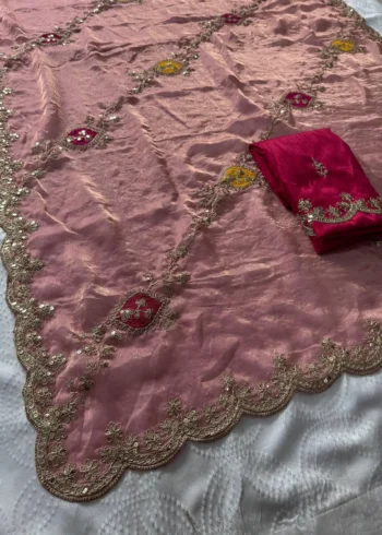 Peach Designer Fendy Satin Silk Wedding Saree live open