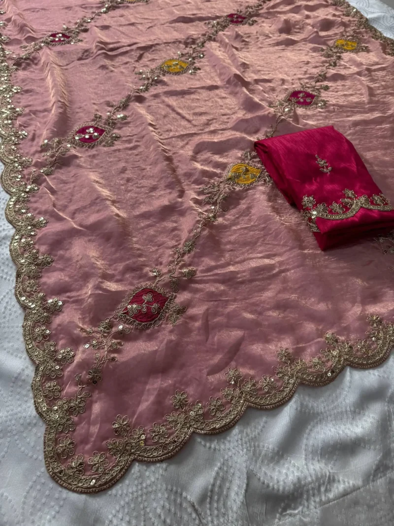 Peach Designer Fendy Satin Silk Wedding Saree live open