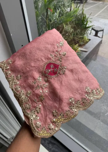 Peach Designer Fendy Satin Silk Wedding Saree in hand