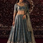 Dusty Blue Golden Shaded Zari Sequin Wedding Lehenga front design