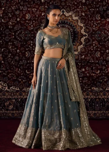 Dusty Blue Golden Shaded Zari Sequin Wedding Lehenga front design