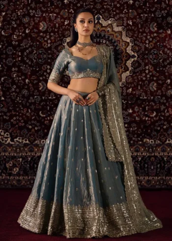 Dusty Blue Golden Shaded Zari Sequin Wedding Lehenga