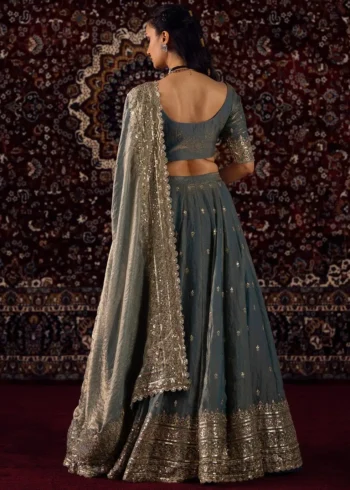 Dusty Blue Golden Shaded Zari Sequin Wedding Lehenga back design