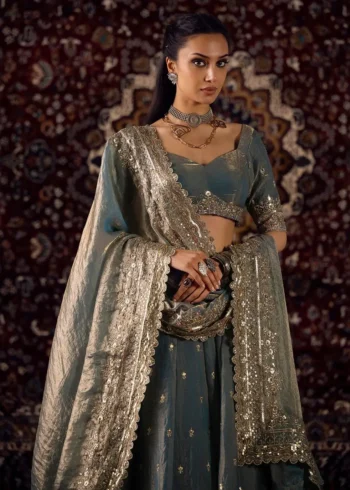Dusty Blue Golden Shaded Zari Sequin Wedding Lehenga close look