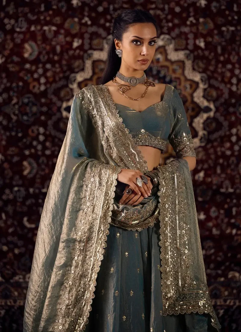 Dusty Blue Golden Shaded Zari Sequin Wedding Lehenga close look
