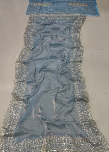 Dusty Blue Golden Shaded Zari Sequin Wedding Lehenga live dupatta