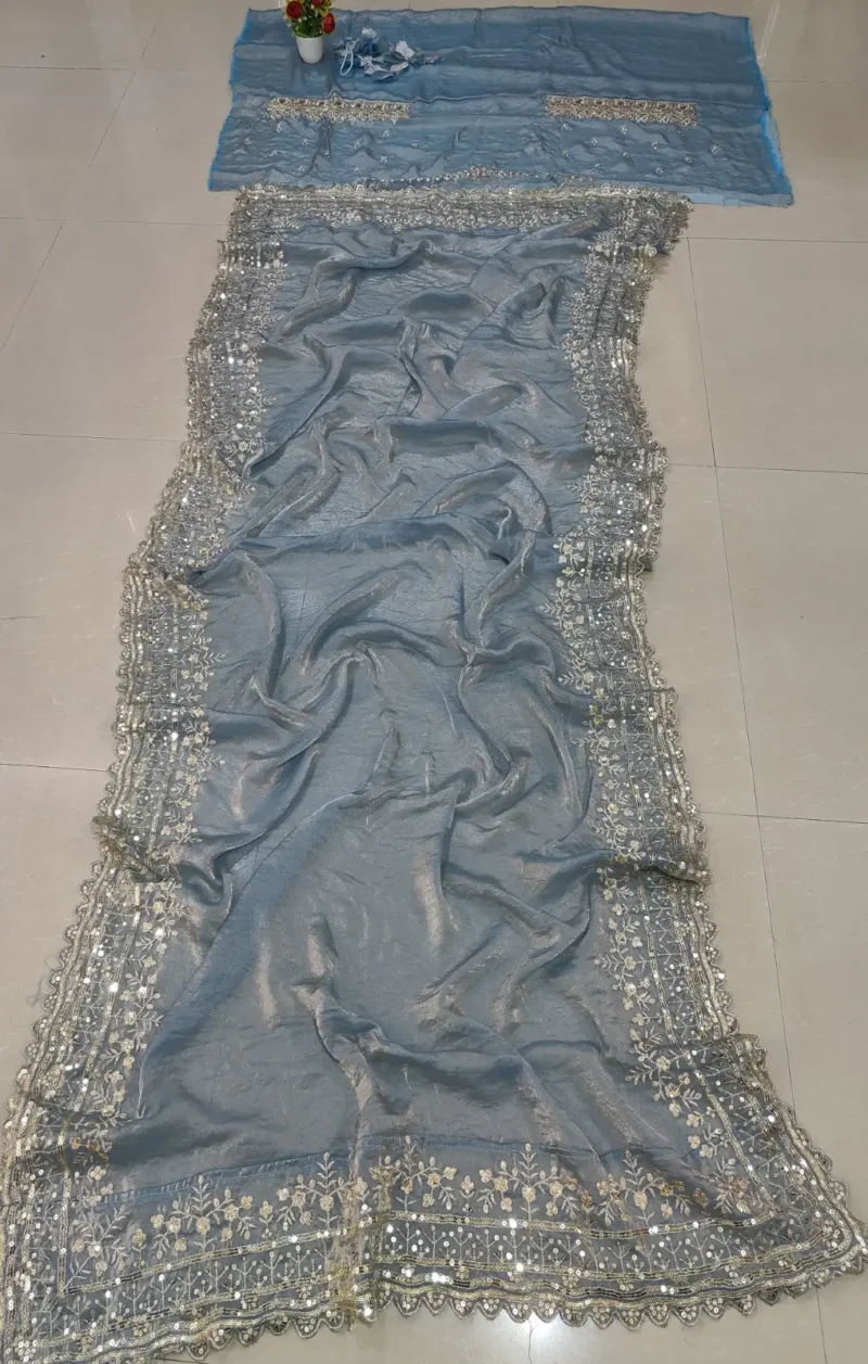 Dusty Blue Golden Shaded Zari Sequin Wedding Lehenga live dupatta
