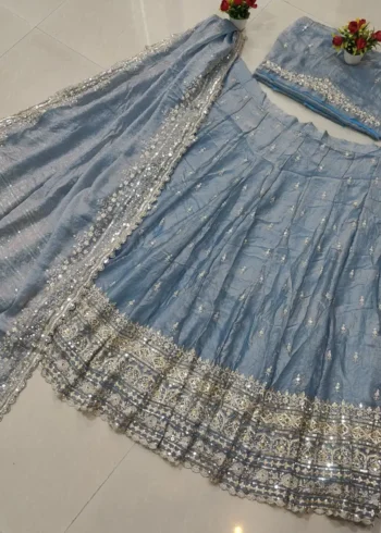 Dusty Blue Golden Shaded Zari Sequin Wedding Lehenga live image