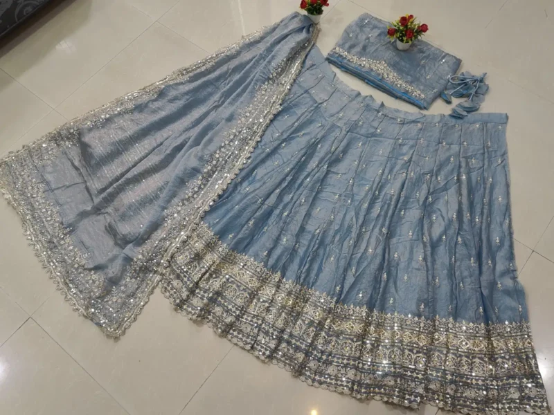 Dusty Blue Golden Shaded Zari Sequin Wedding Lehenga live image