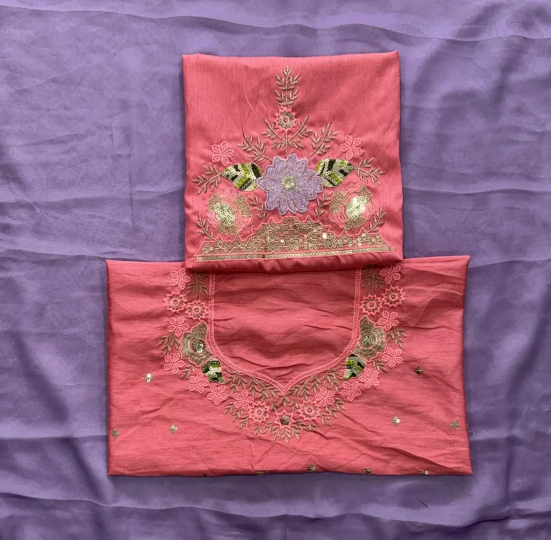 Dusty Lavender Rangoli Silk Party Wear Saree blouse work close