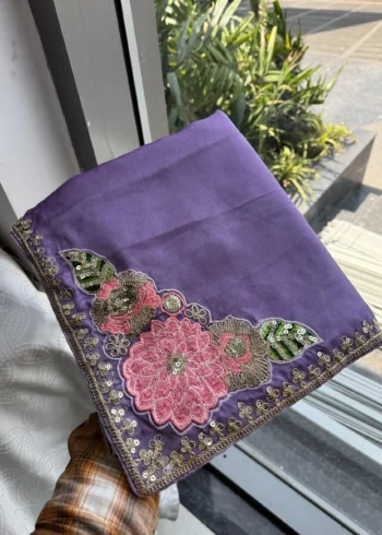 Dusty Lavender Rangoli Silk Party Wear Saree in hand