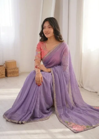 Dusty Lavender Rangoli Silk Party Wear Saree sitting pose