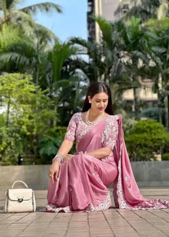 Dusty Pink Pure Chinon Silk Designer Wedding Saree sitting pose