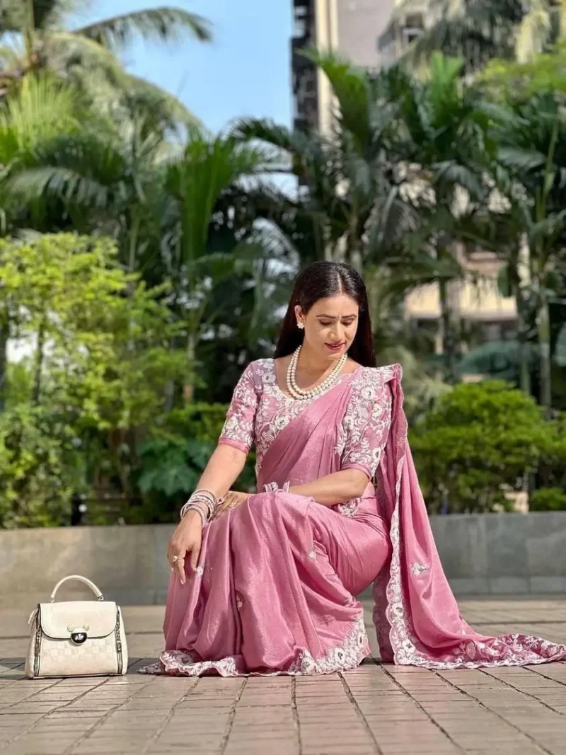 Dusty Pink Pure Chinon Silk Designer Wedding Saree sitting pose