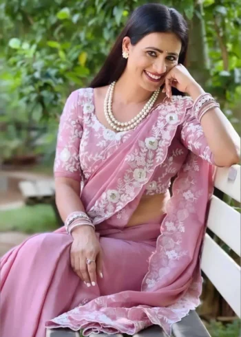 Dusty Pink Pure Chinon Silk Designer Wedding Saree close look on table