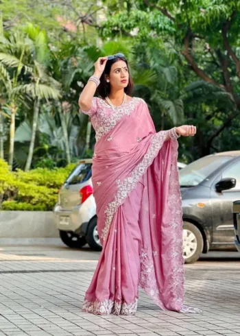 Dusty Pink Pure Chinon Silk Designer Wedding Saree
