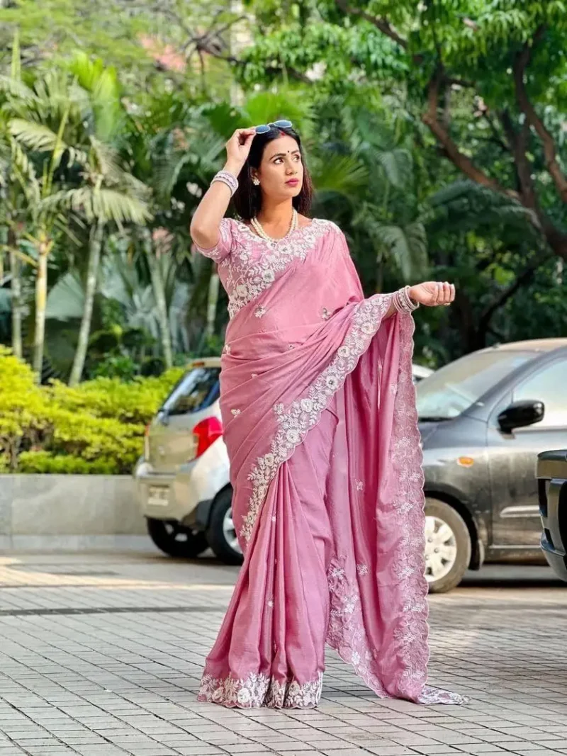 Dusty Pink Pure Chinon Silk Designer Wedding Saree