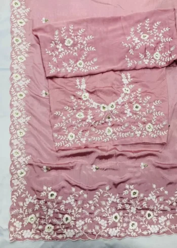 Dusty Pink Pure Chinon Silk Designer Wedding Saree broder work