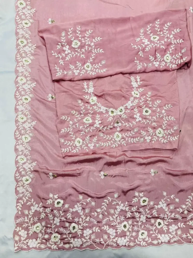 Dusty Pink Pure Chinon Silk Designer Wedding Saree broder work